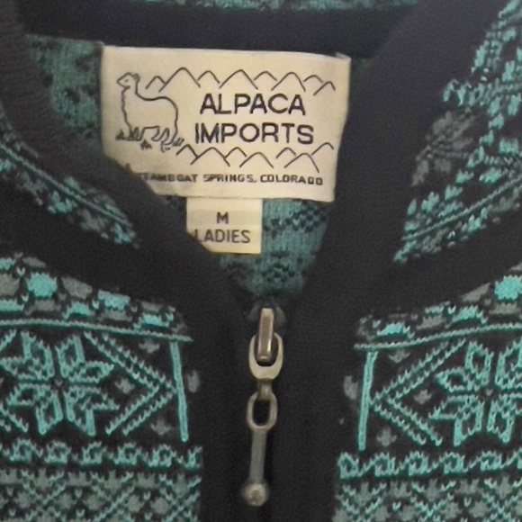Alpaca Imports Aymara zip up cardigan knit sweater M alpaca wool Peru teal black - Picture 5 of 7